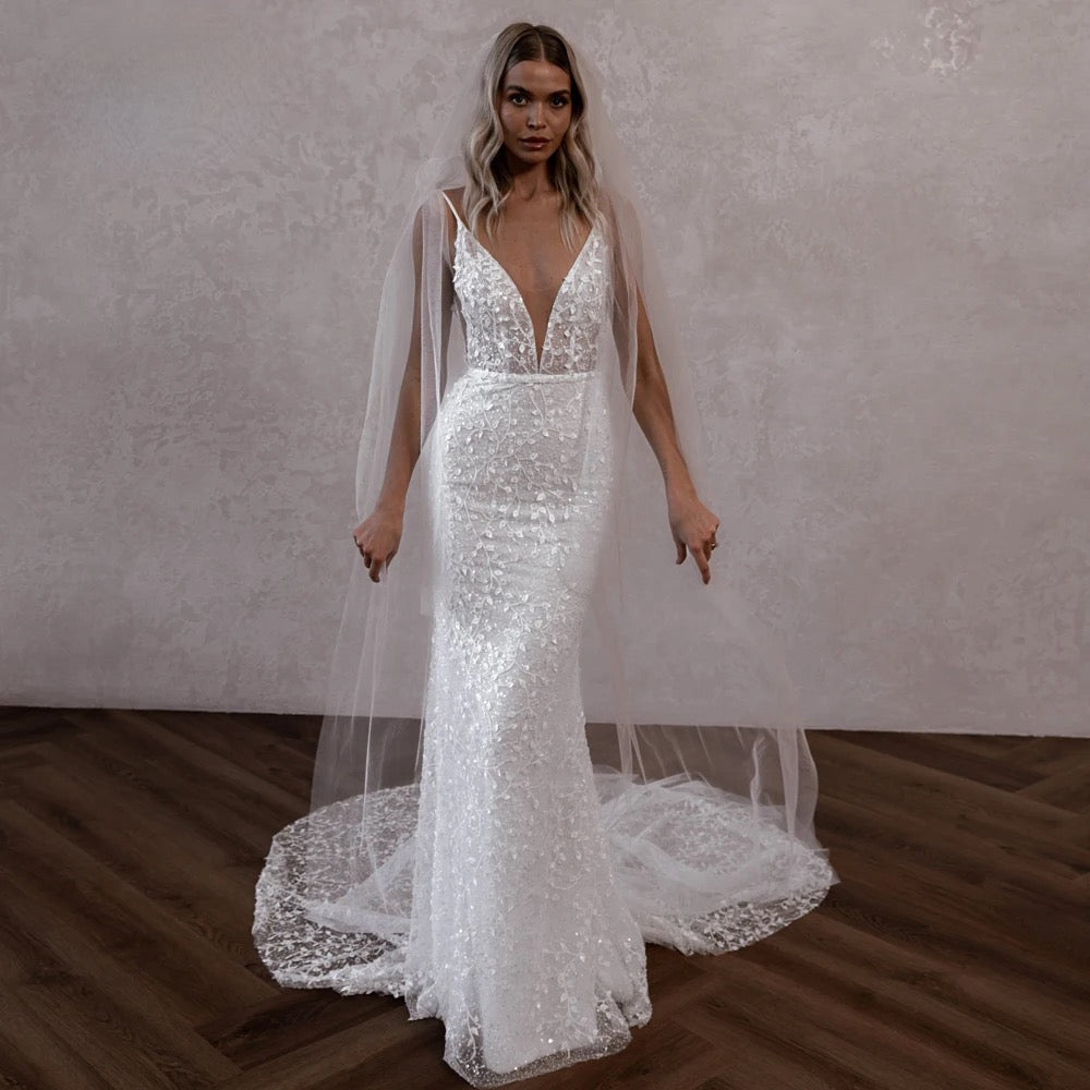 Boho Wedding Dress Backless V Neck Lace Mermaid Court Train Gown,Make a stunning statement on your wedding day with our Backless V Neck Lace Mermaid Wedding Dress. Featuring a luxurious design of intricate lace and bead work, this gown e