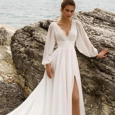 Plus Size Wedding Dress Long Sleeve High Slit Bridal Gown