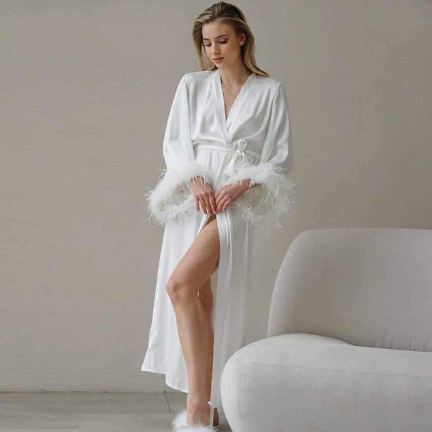 Textured Satin Feather Long-sleeve Nightgown Loungewear