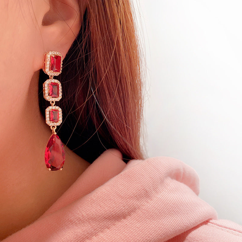 Ruby Crystal Drop Wedding Earrings Bridal Accesssories