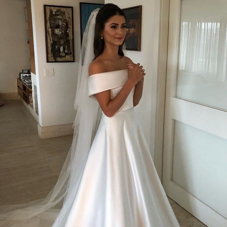 Satin A Line Wedding Dresses Bridal Gown Sweep Train