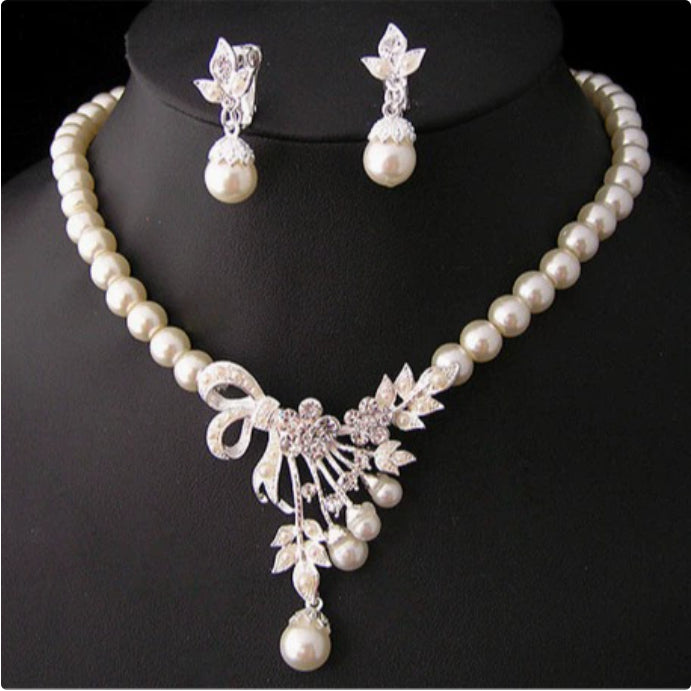 Wedding Bridal Necklace & Earring Faux Pearl Set