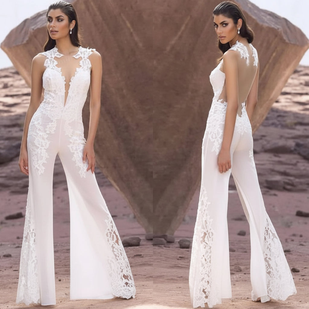 Modern Beach Sheer Neck Lace Chiffon Wedding Jumpsuit