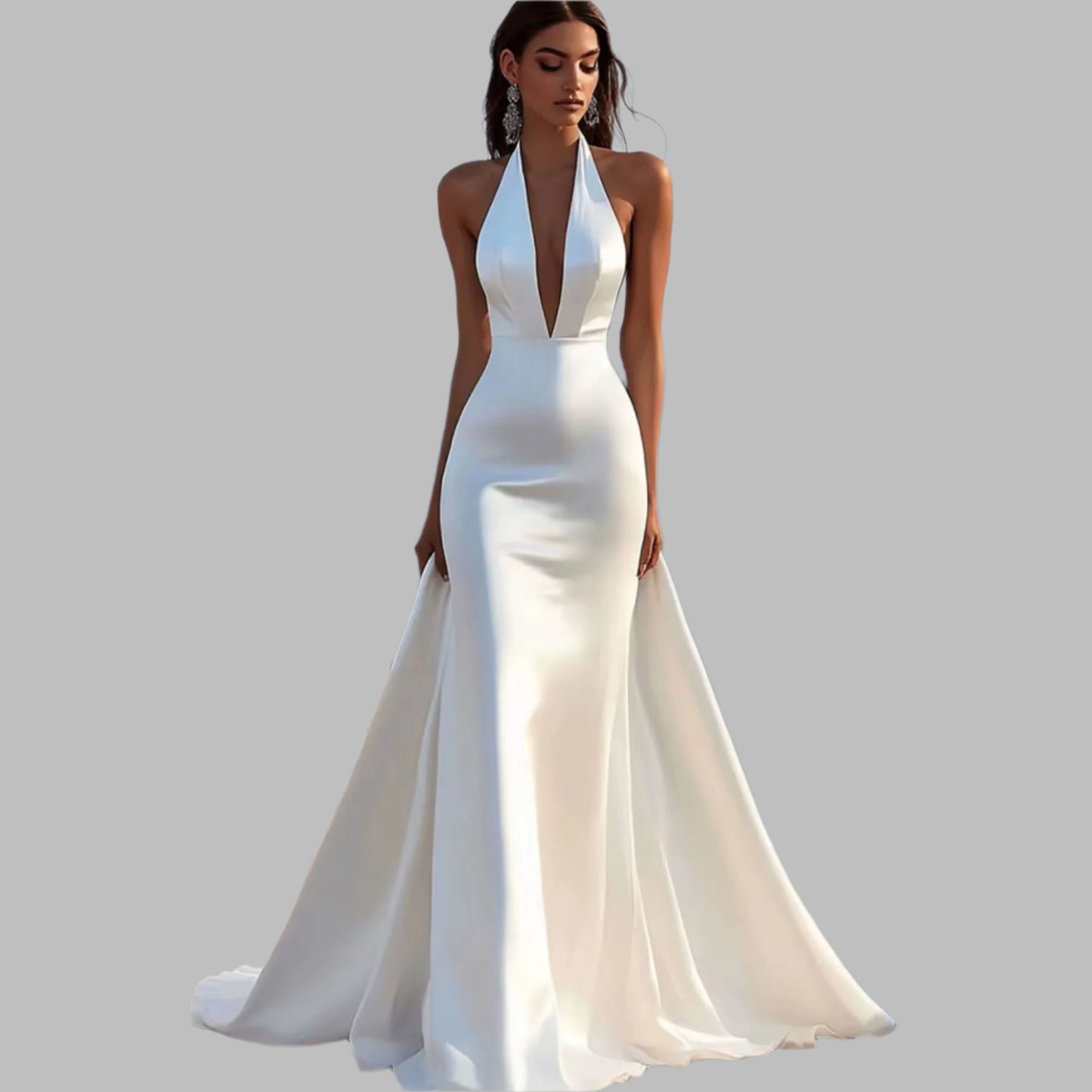 Boho Wedding Dress Mermaid Satin Deep V Neckline, This satin halter mermaid wedding gown exudes refined elegance with its deep V neckline and backless design