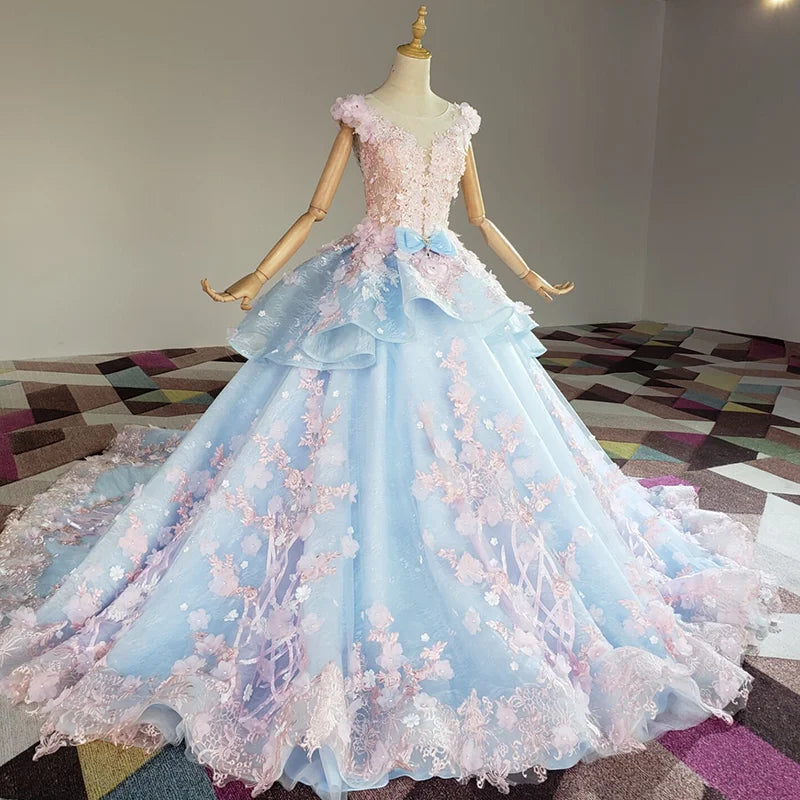 Quinceanera Dress Pink Blue Beaded Floral Lace Up Back Ball Gown, This exquisite pink and blue ball gown is designed for the young woman who appreciates flawless elegance