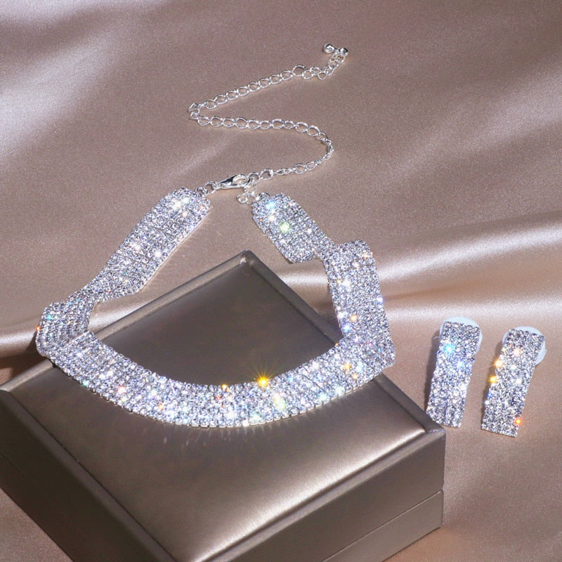 Crystal Choker Necklace Jewelry Set Wedding Day Accessories,  This exquisite set includes a necklace and earrings featuring shimmering crystals
