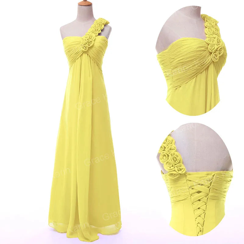A Line Chiffon One Shoulder Flowers Pleat Bridesmaid Dresses