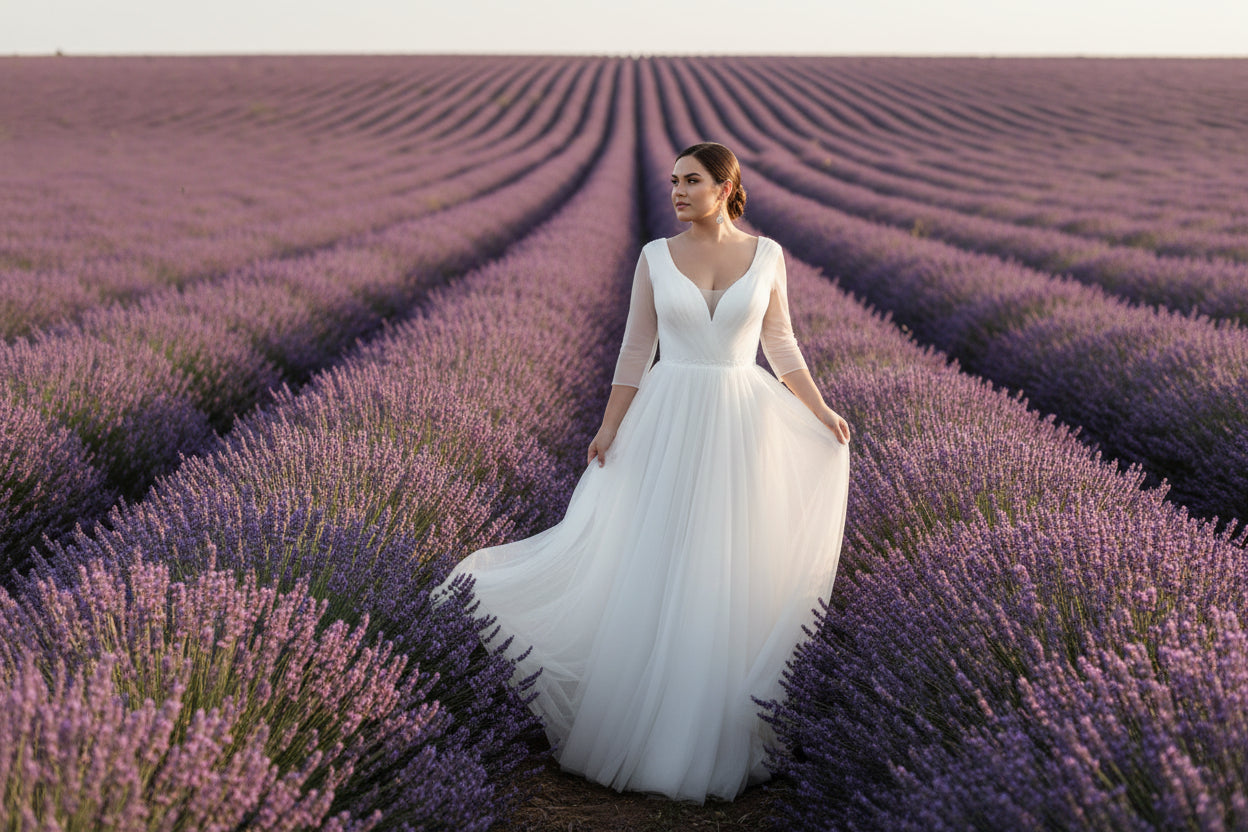 Plus Size Wedding Dress Long Sleeves Pleats Bridal Gown with Train, glide down the aisle in pure romance with this stunning plus-size wedding dress 