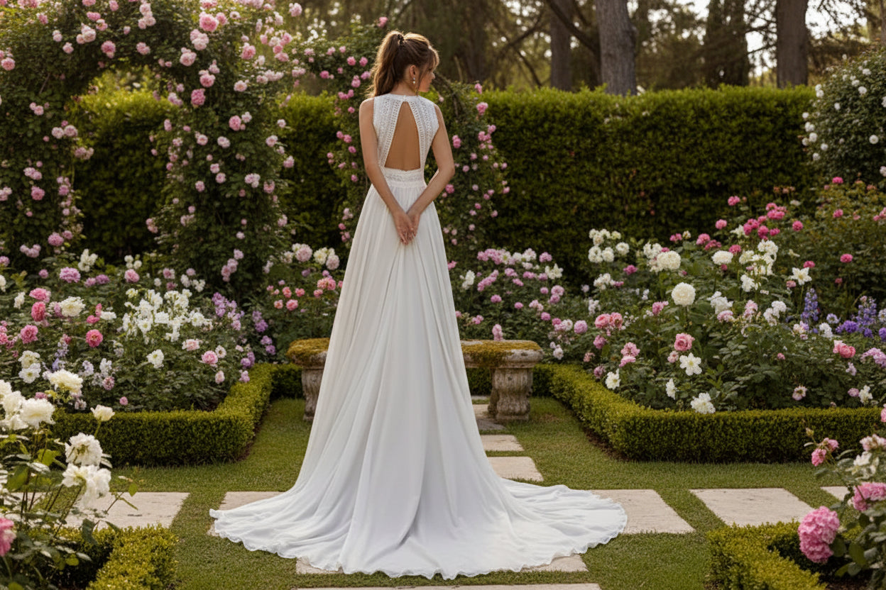 Boho Lace Wedding Dress A Line Chiffon Bridal Gown With Sweep Train, twirl down the aisle in effortless romance with this dreamy boho lace wedding dress.