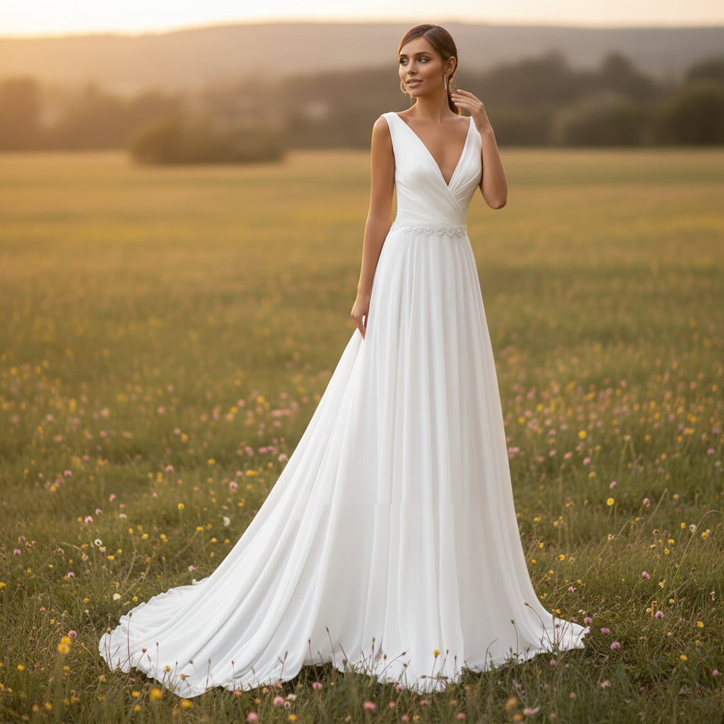 Modest Chiffon V Neck Sleeveless A Lin Beach Boho Wedding Dress