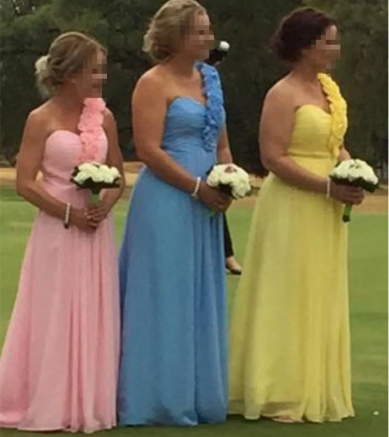 A Line Chiffon One Shoulder Flowers Pleat Bridesmaid Dresses