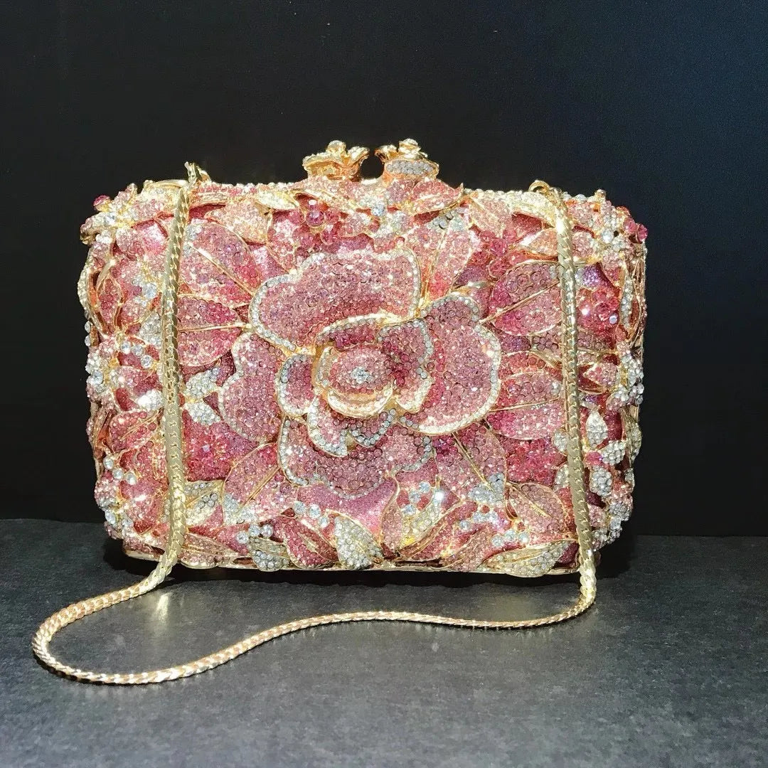 Crystal Clutch Purse Rhinestone Flower Dinner Party Handbag, Adorned with a glittering spectrum of hues in its crystal floral designs