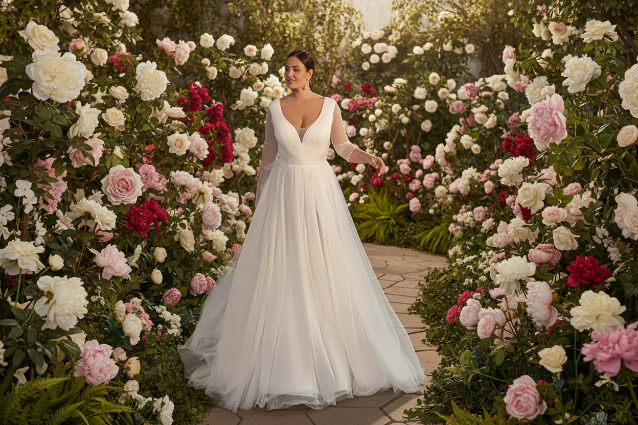 Plus Size Wedding Dress Long Sleeves Pleats Bridal Gown with Train, glide down the aisle in pure romance with this stunning plus-size wedding dress 