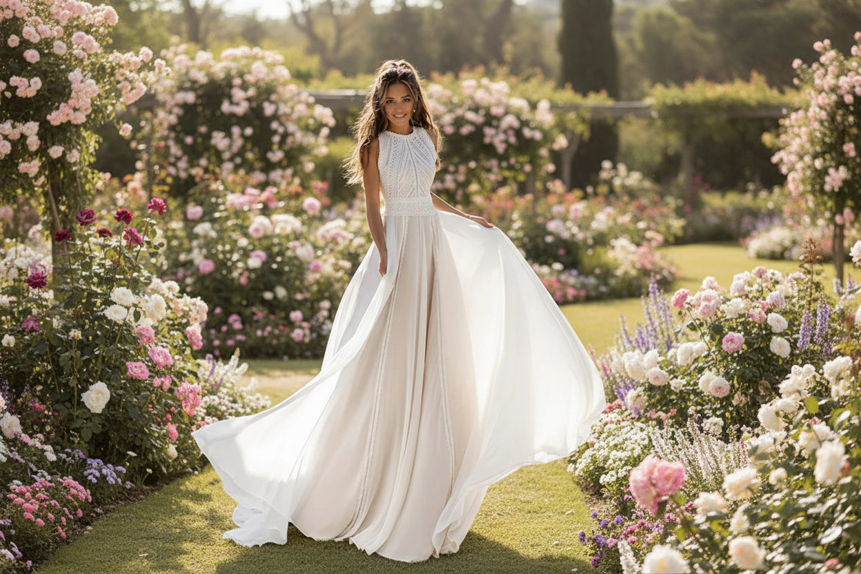 Boho Lace Wedding Dress A Line Chiffon Bridal Gown With Sweep Train, twirl down the aisle in effortless romance with this dreamy boho lace wedding dress.