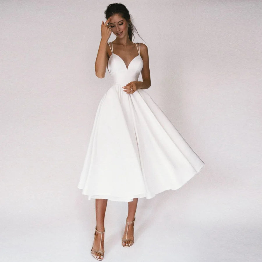 Tea Length Wedding Dress Criss Cross Back Satin Bridal A Line Gown
