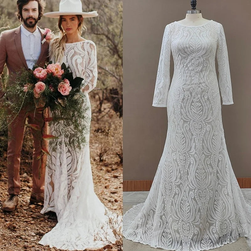 Lace Bateau Long Sleeves Boho Backless Plus Size Wedding Dress
