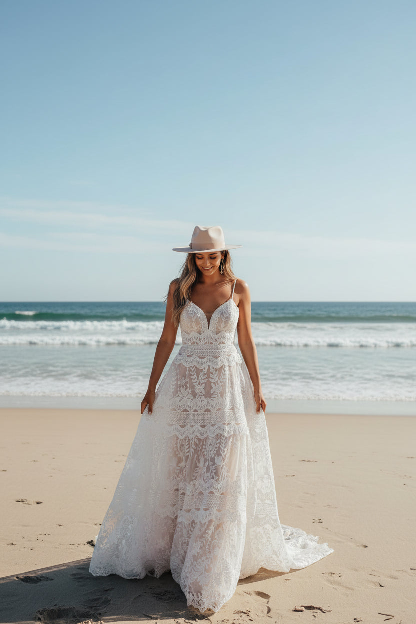 Beach Sleeveless Boho Wedding Dress Open Back  A-Line Lace Bridal Gown