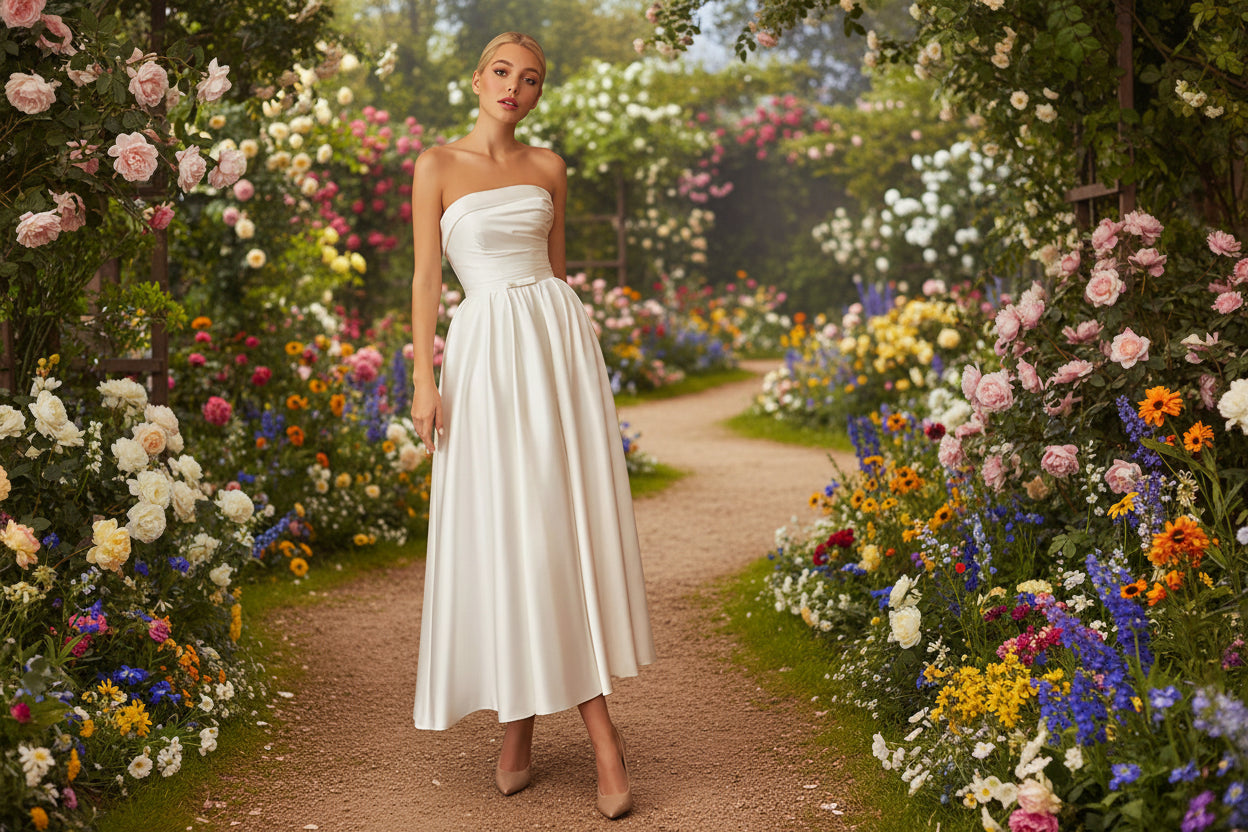 Elegant tea length vintage satin wedding dress with strapless bodice and gathered skirt, featuring a sash and pockets.