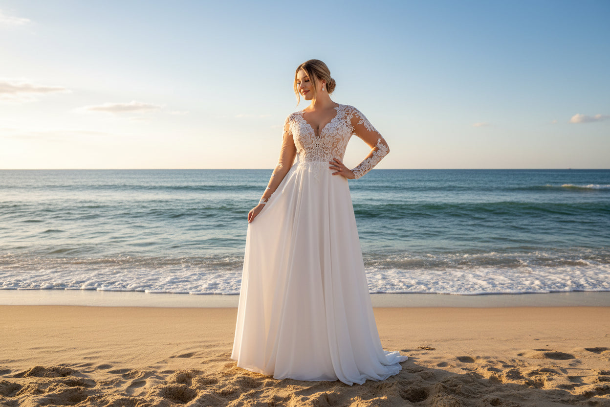 Beach Plus Size Wedding Dress Long Sleeves Lace Boho Bridal Gown