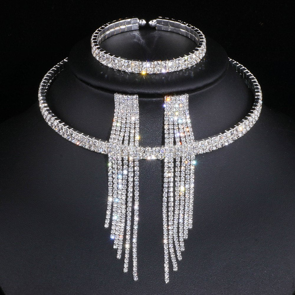 Rhinestone Crystal Choker Jewelry Set Necklace Earrings Bracelet, This exquisite jewelry set makes an eye-catching statement with its crystal rhinestone necklace, earrings, and bracelet. 
