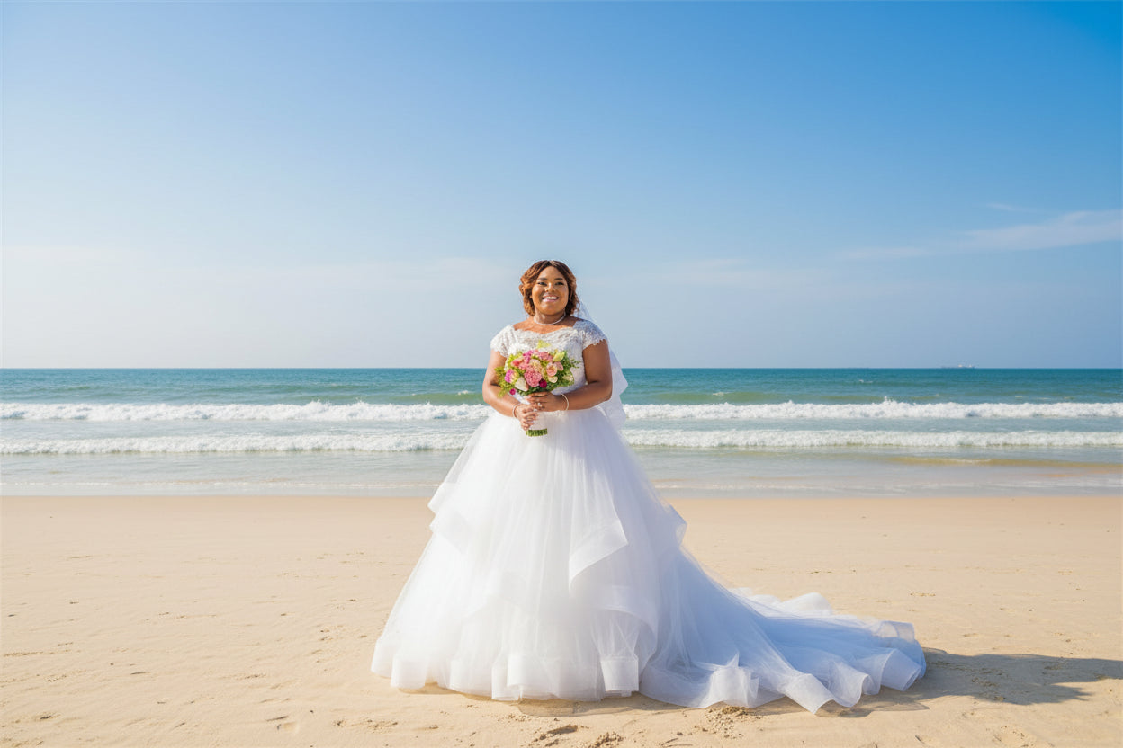 Plus Size Beach Wedding Dresses Sheer Lace Tulle Boho Bridal Gown
