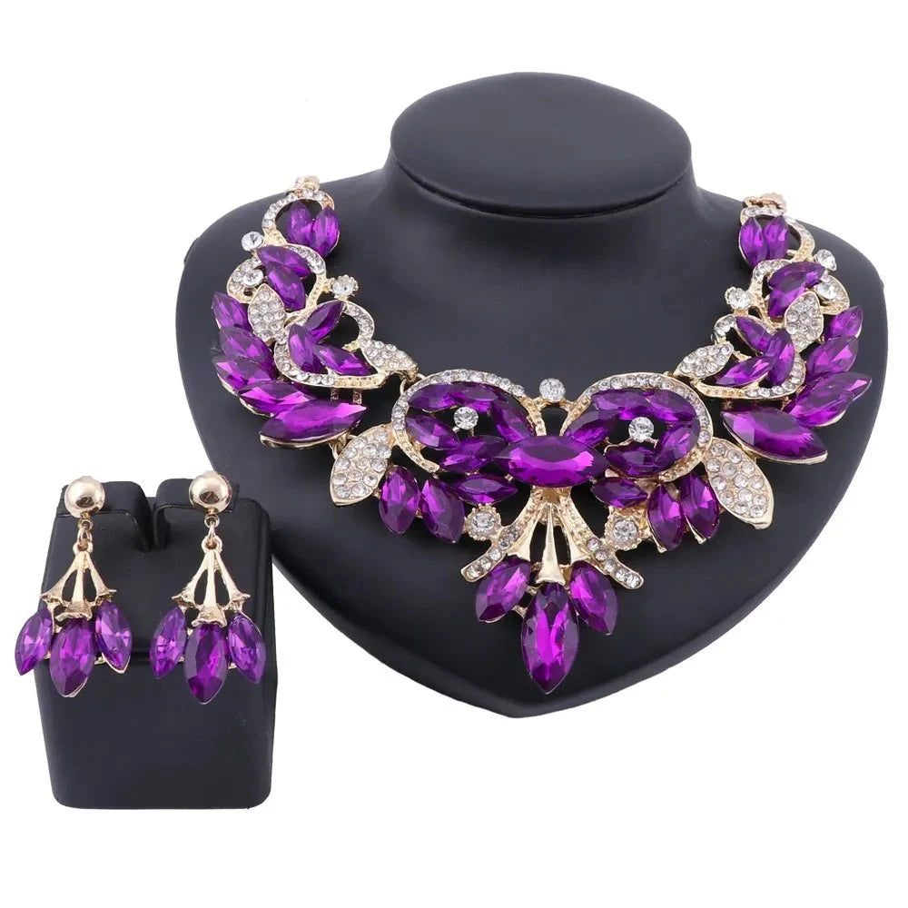 Fashion Rhinestones Crystal Statement Necklace Earrings Bridal Party Jewelry Sets