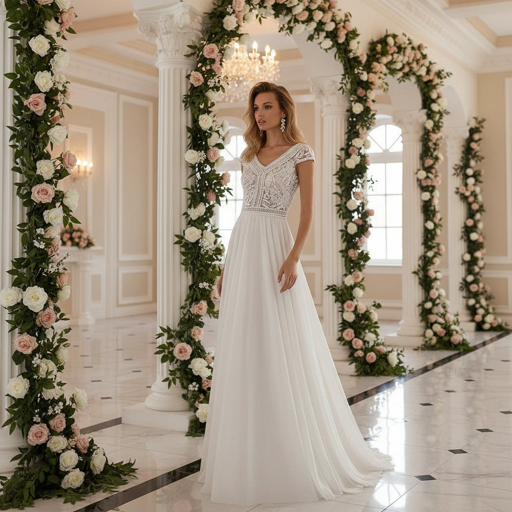 Boho Wedding Dress Chiffon A Line Beach Bridal Gown, Elevate your bridal look with our Boho Chiffon A Line Beach Wedding Dress. This bohemian-inspired 