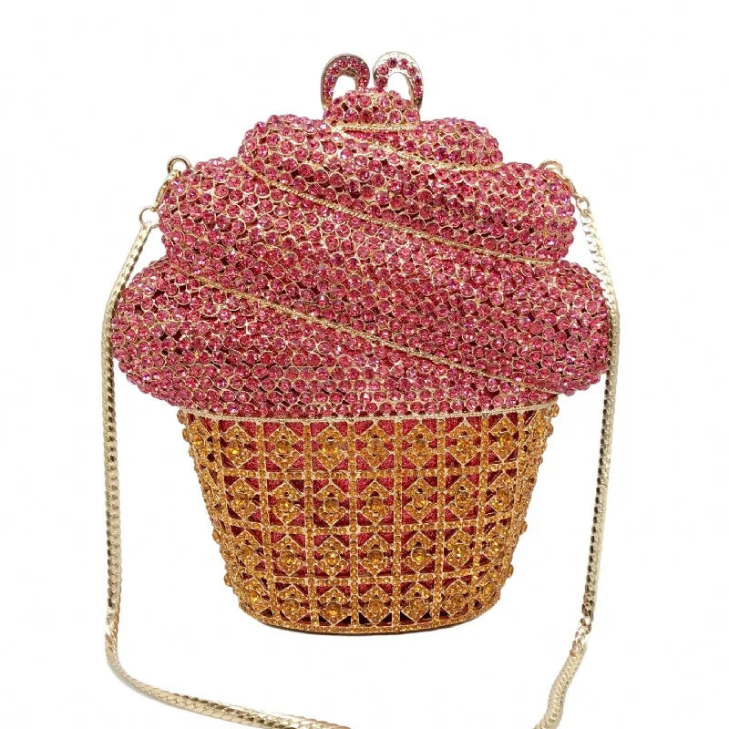 Ice Cream Crystal Evening Bag CupCake Wedding Party Prom Clutch Purse, elevate your evening ensemble with this whimsical crystal clutch
