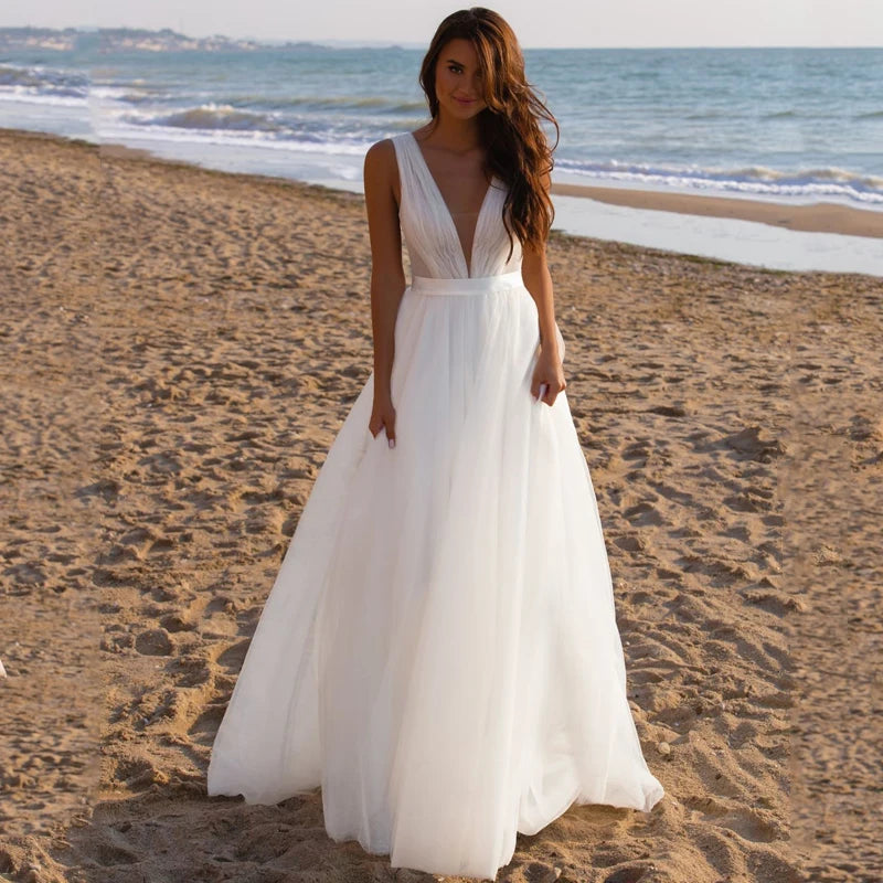 Boho Wedding Dress Deep V Sleeveless Beach Tulle Bridal Gown, This elegant boho beach wedding dress features a flowing tulle design