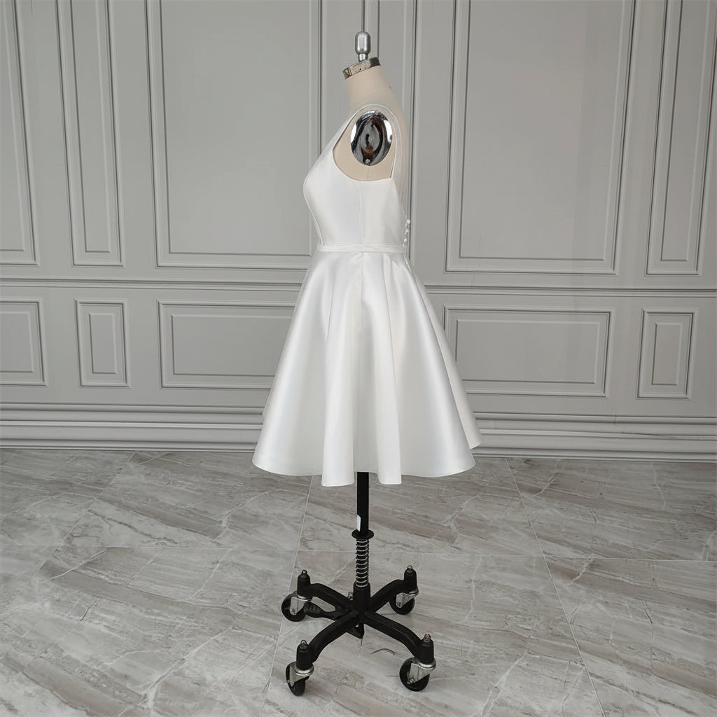 Square Collar Low Back Mini Wedding Dress With Detachable Bow