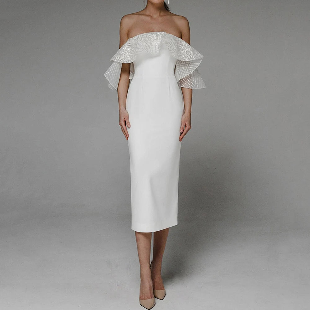 Tea Length Wedding Dress White Bridal Sheath Lace Up Bridal Dress, make a statement in this stunning tea length wedding dress that combines elegance with just the right amount of drama