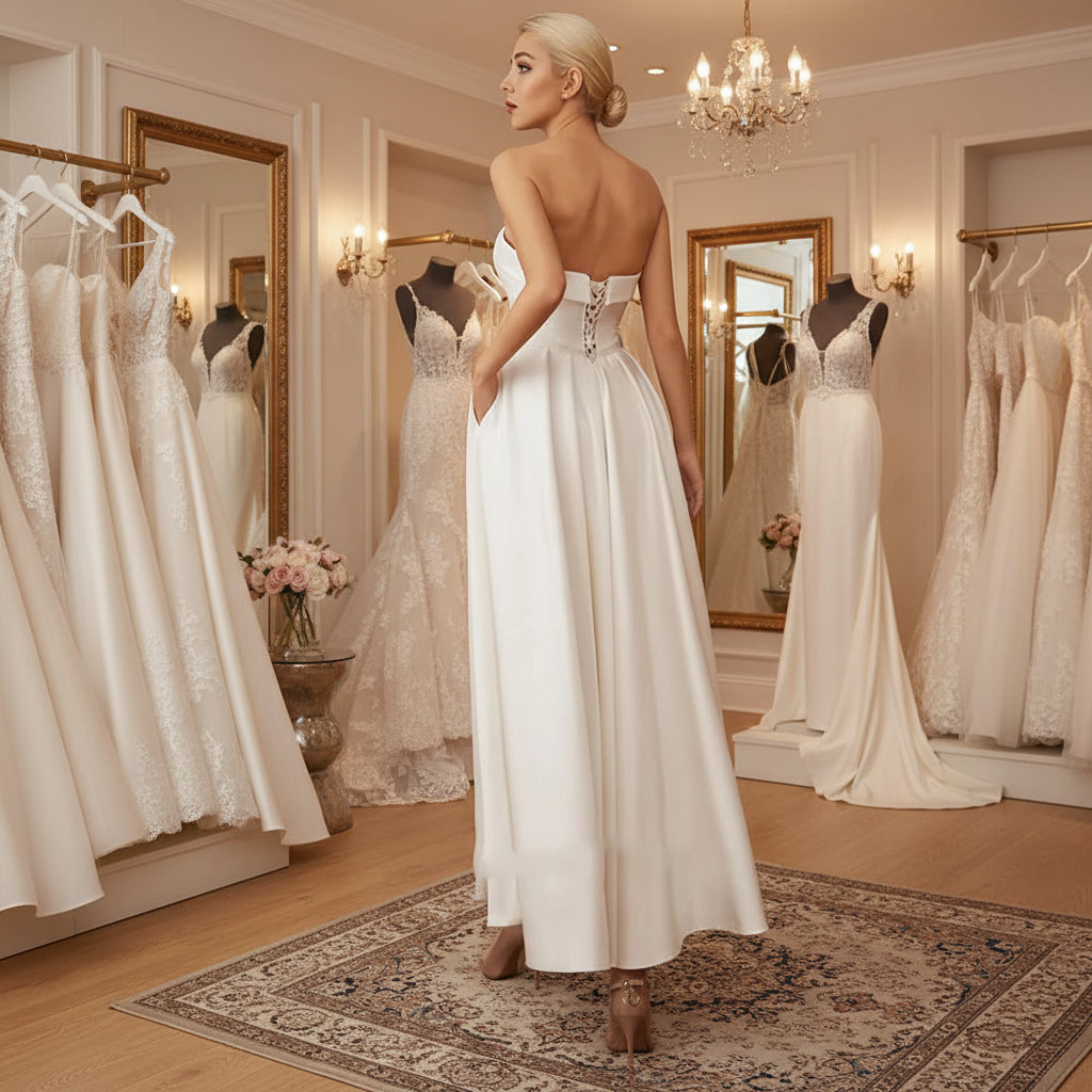 Elegant back view of tea length vintage satin wedding dress, showcasing lace-up detail and gathered skirt.