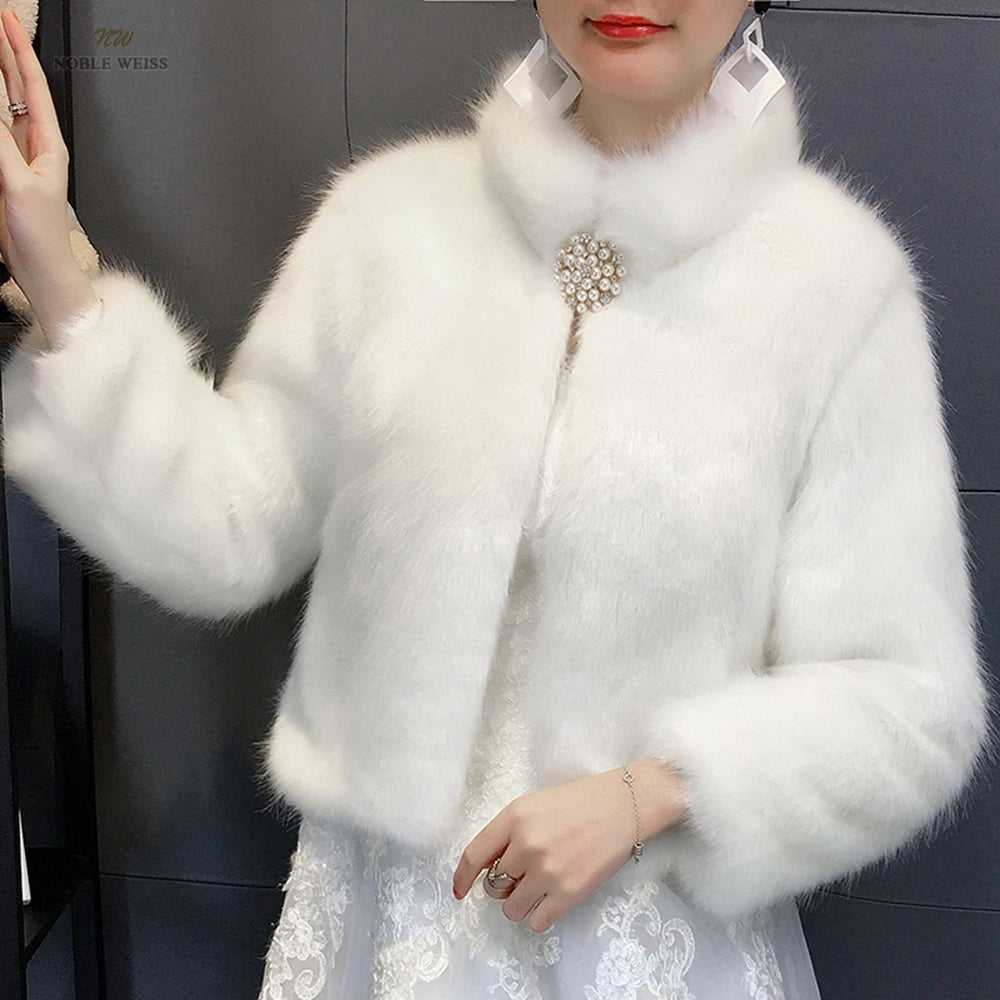 Faux Fur Wedding Bolero Jacket Bridal Coat Accessory,  Indulge in luxury with our faux fur ladies' formal shawl jacket. This exquisite piece boasts a straight