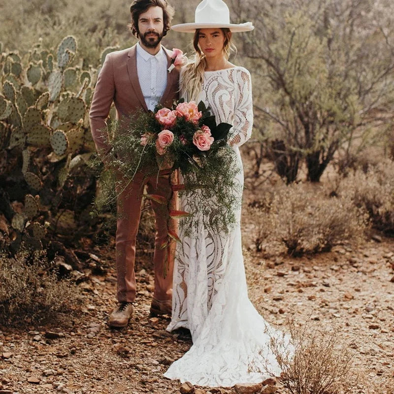 Lace Bateau Long Sleeves Boho Backless Plus Size Wedding Dress