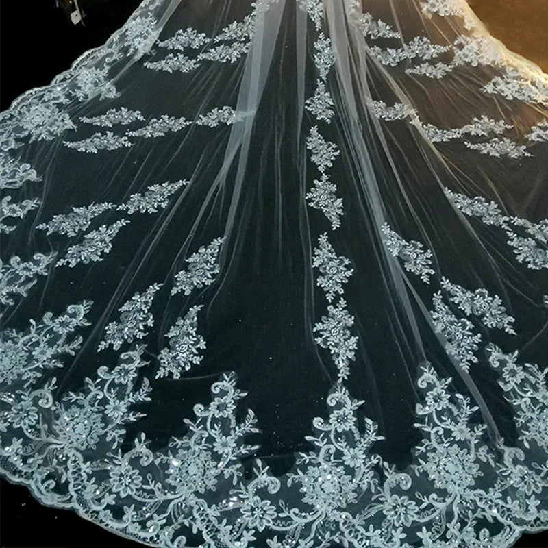 Wedding Veil Cathedral Length With Hair Comb Lace Edge Accessory, Elevate your bridal ensemble with this elegant lace edge cathedral veil. 