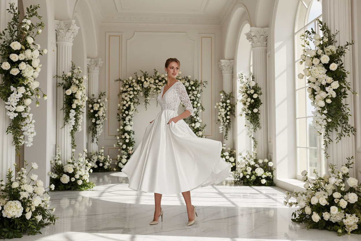 Tea Length Wedding Dress A Line Satin White Bridal Attire, walk down the aisle with effortless elegance in this charming tea length A-line wedding dress.