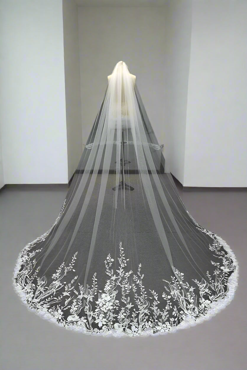 Wedding Veil Cathedral Length Lace Edge Bridal Accessory, Delight in the ethereal beauty of our Sparkling Cathedral Bridal Veil