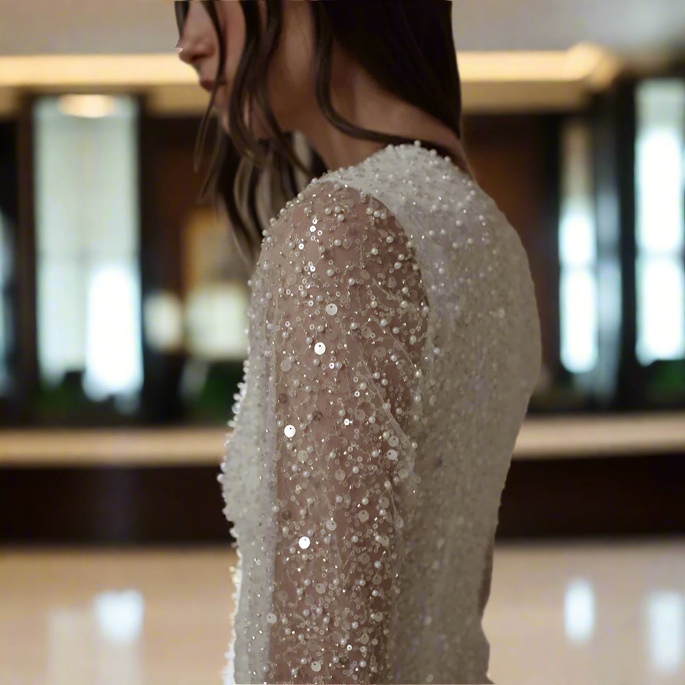 short sequin wedding dress Mini Wedding Dress Long Sleeves Sequin Short Ivory / 8