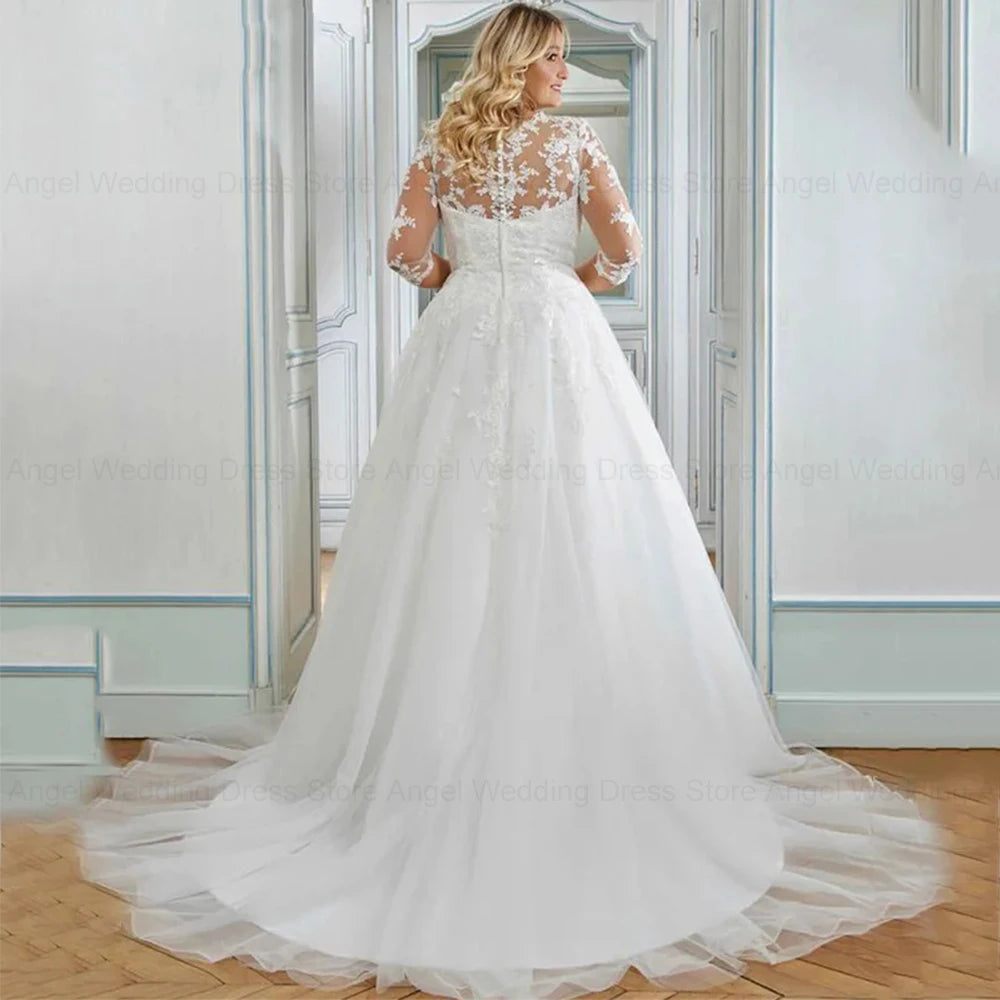 Boho Plus Size Wedding Dress Lace 3/4 Sleeve A Line Bridal Gown, Feel like a modern-day muse in our elegant plus size wedding dress. 