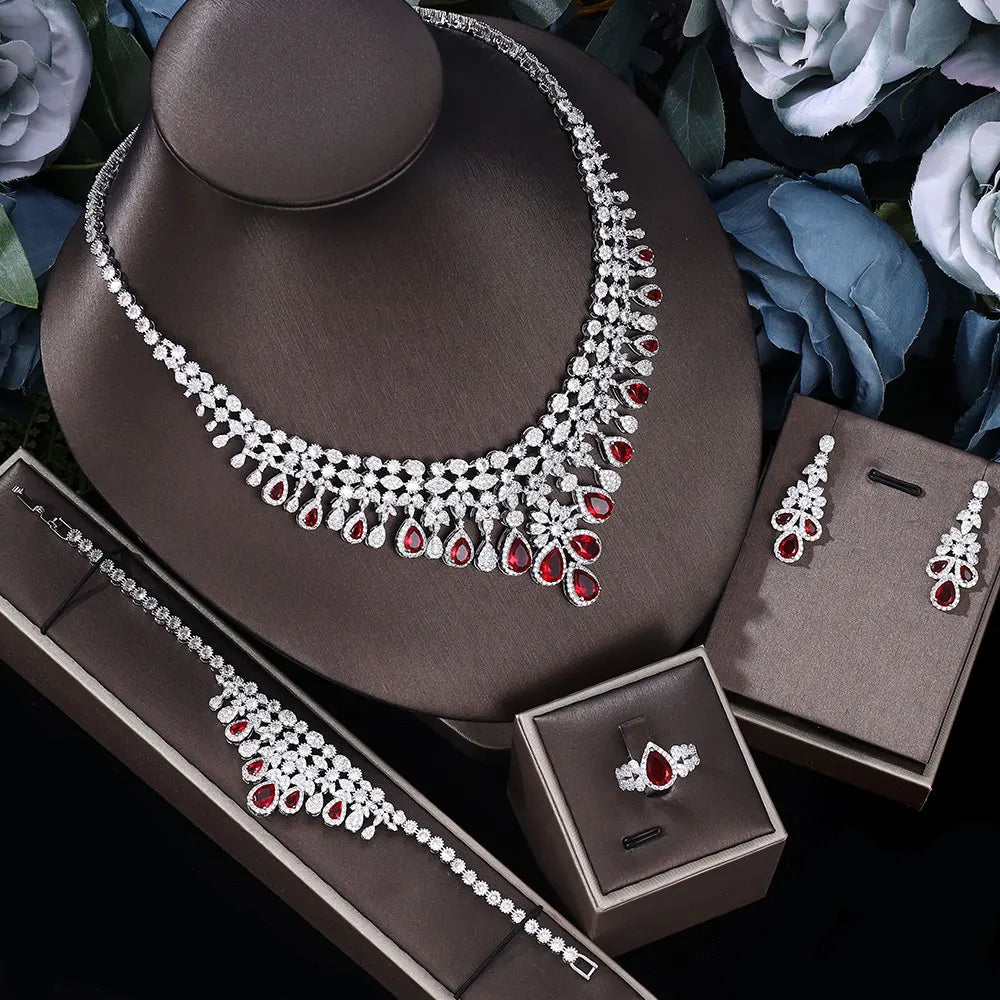 Cubic Zirconia Wedding Jewelry Set Bridal Necklace Earrings Bracelet, elevate your bridal ensemble with this stunning cubic zirconia jewelry set