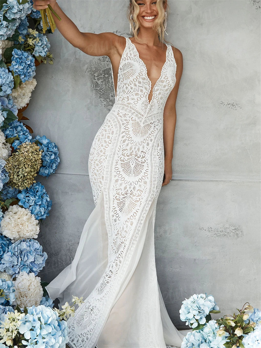 Sheath Bohemian Wedding Dress Long Deep V Neck Lace Bridal Gown, embrace your inner free spirit in this stunning bohemian wedding dress that perfectly blends romantic lace with contemporary edge