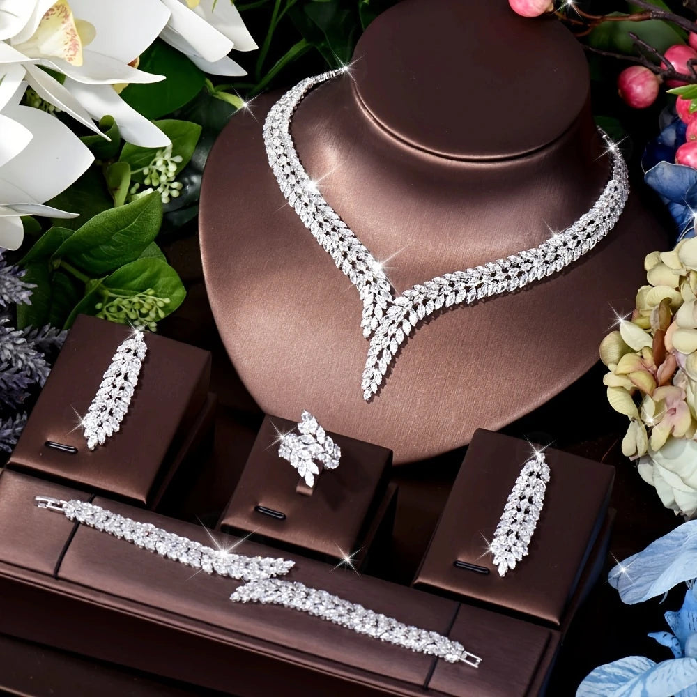 Cubic Zirconia Wedding Jewelry Set For Women Necklace Earring Bracelet, elevate your bridal look with this exquisite cubic zirconia jewelry set,