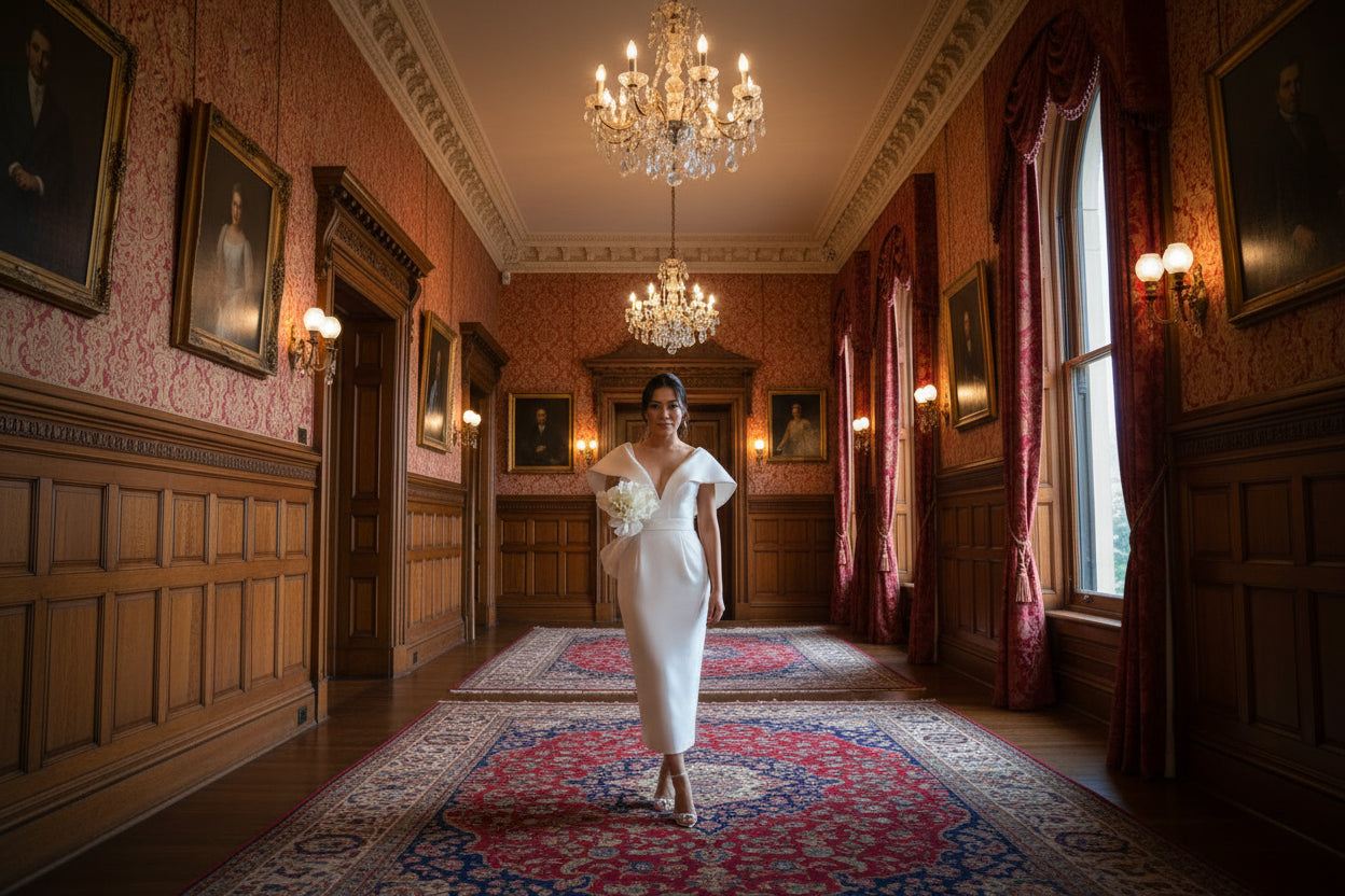 Tea Length Wedding Dress with Bow Open Back Satin Bridal Gown, step into timeless romance with this enchanting tea length wedding dress that proves less is more.