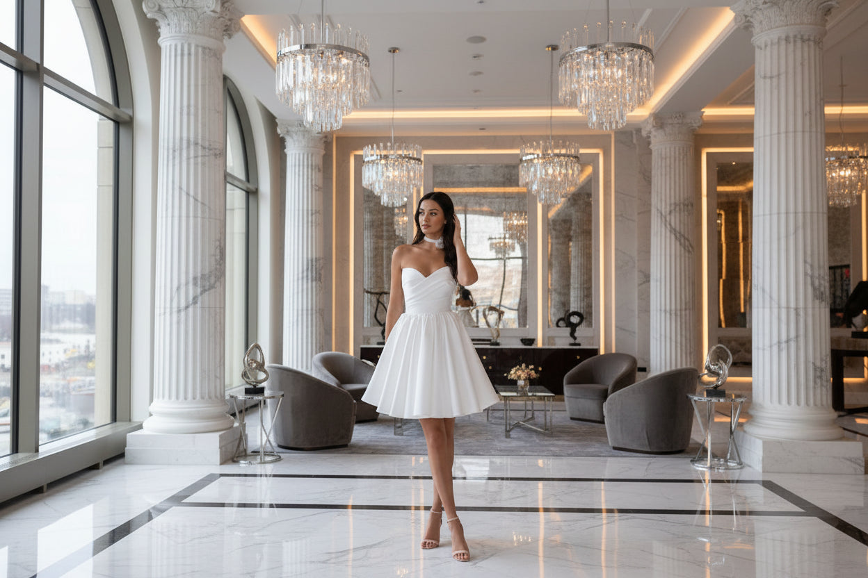 Mini Wedding Dress Short V Neck A Line Bridal Gown, slip into pure bridal bliss with this darling satin mini wedding dress—your ticket to a show-stopping celebration