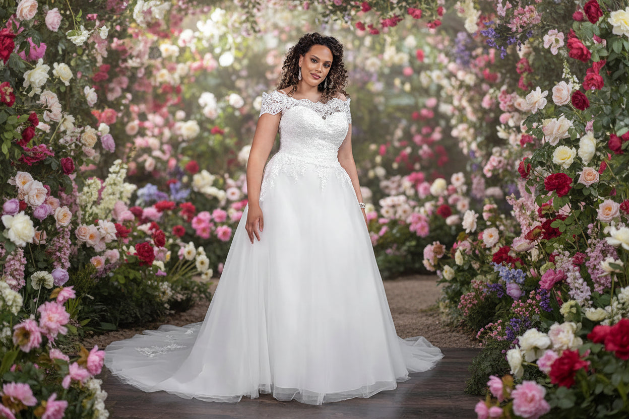 Woman wearing a white wedding dress against a flower garden