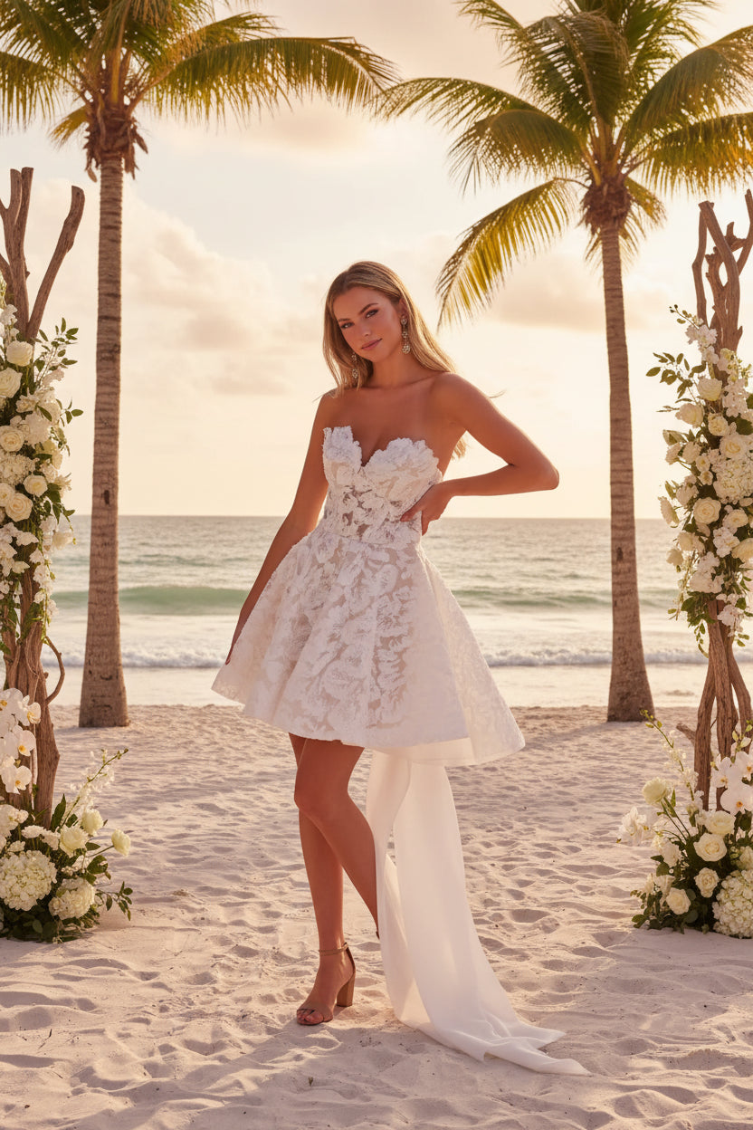 Plus Size Mini Wedding Dress Long Back Bow Bridal Gown