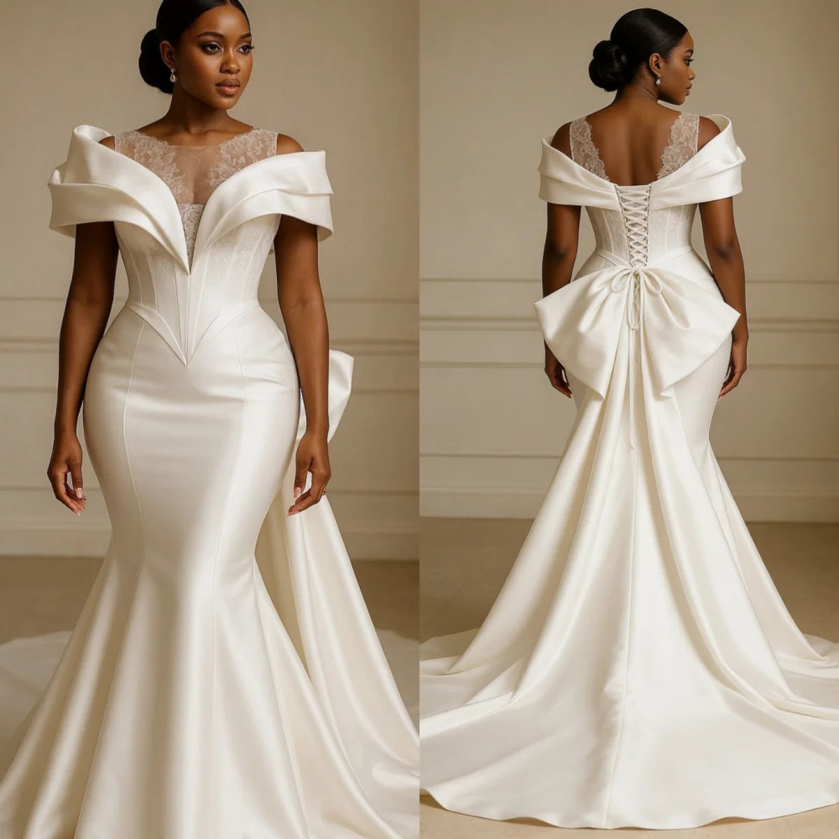Plus Size Satin Mermaid Wedding Dress Backless Bridal Gown