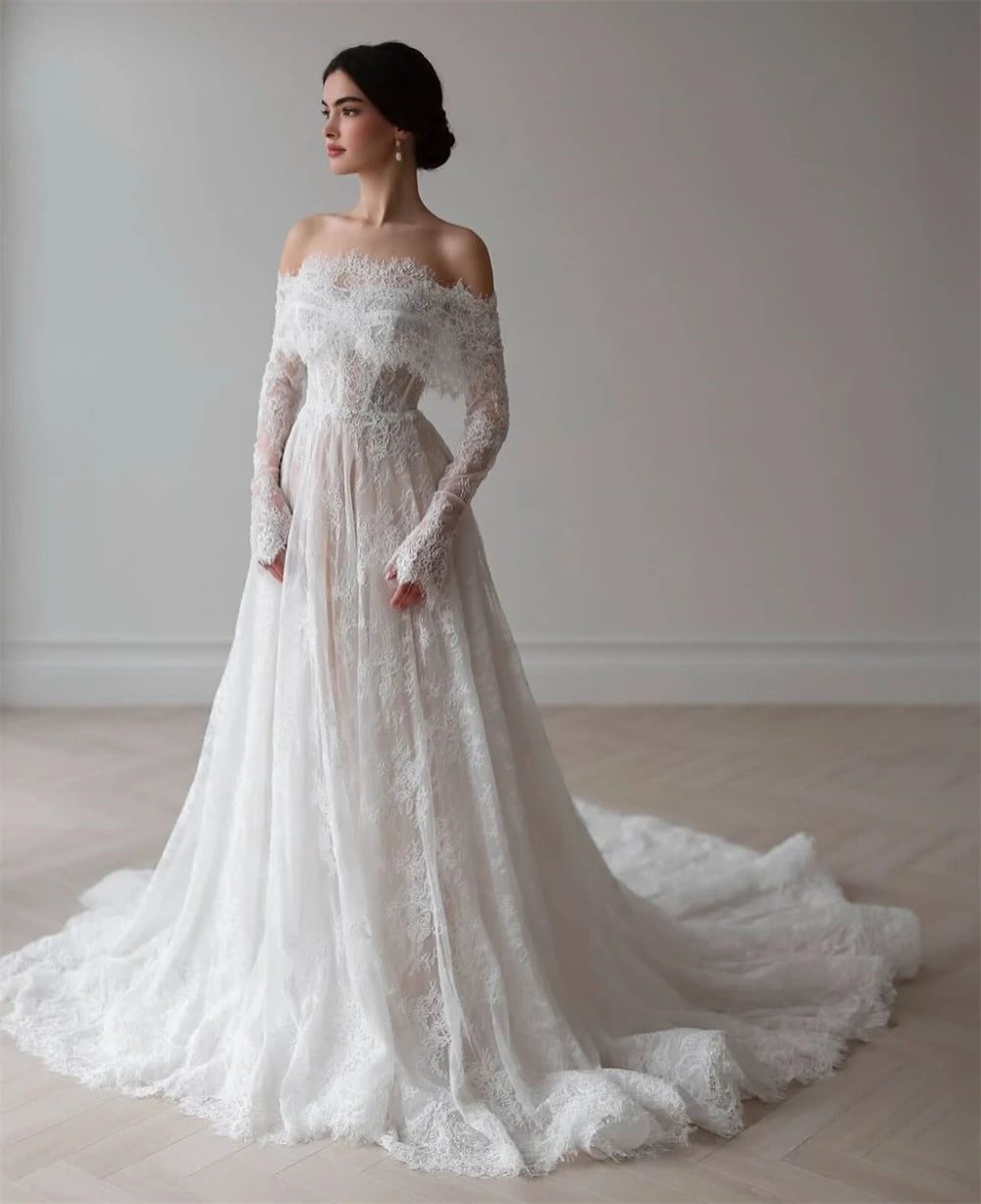 Lace Boho Wedding Gown Long Sleeves A-Line Court Train Bridal Dress, Walk down the aisle in effortless elegance with this stunning boho lace wedding gown