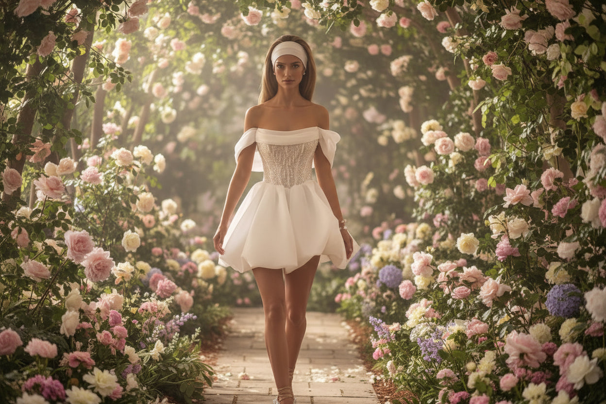 Modern Mini Wedding Dress Pleated Off the Shoulder Beaded Bridal Gown