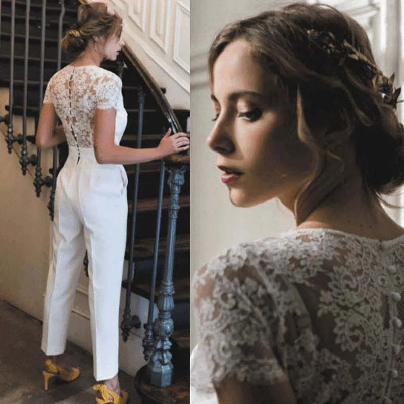 Wedding Jumpsuit With Pockets Short Sleeves,Feel like a boho beach goddess on your special day with our Lace Bridal Jumpsuit.  